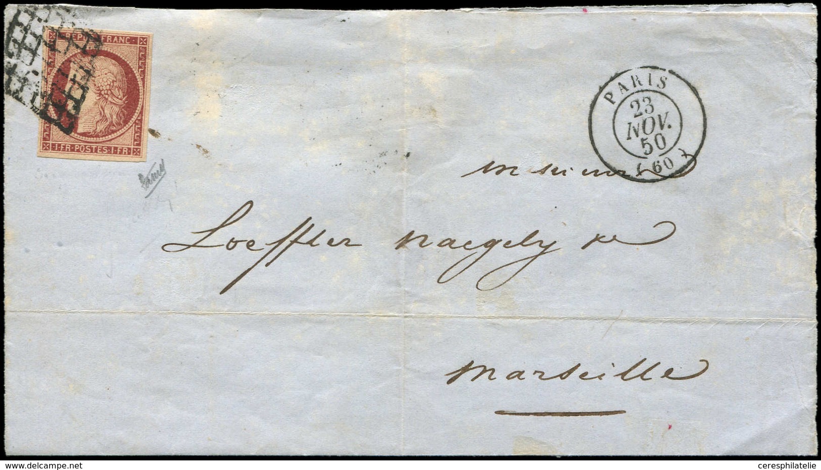 Let EMISSION DE 1849 - 6B    1f. Carmin-brun, Obl. GRILLE S. LSC, Càd PARIS 23/11/50, Arr. MARSEILLE 26/11, TB - 1849-1850 Cérès