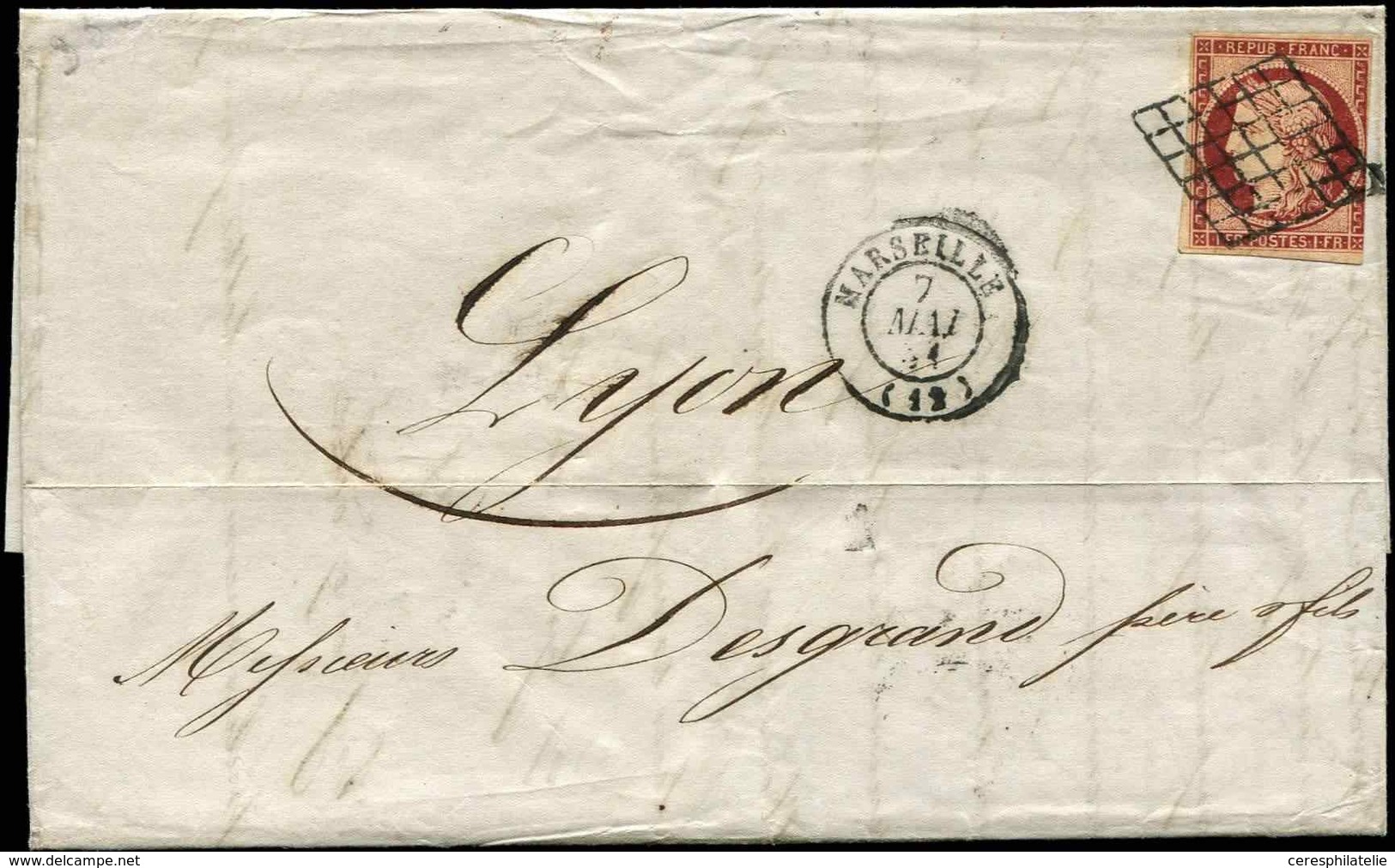 Let EMISSION DE 1849 - 6b    1f. Carmin FONCE, Effl. à Droite, Obl. GRILLE S. LAC, Càd T15 MARSEILE 7/5/51, Arr. LYON 8/ - 1849-1850 Ceres