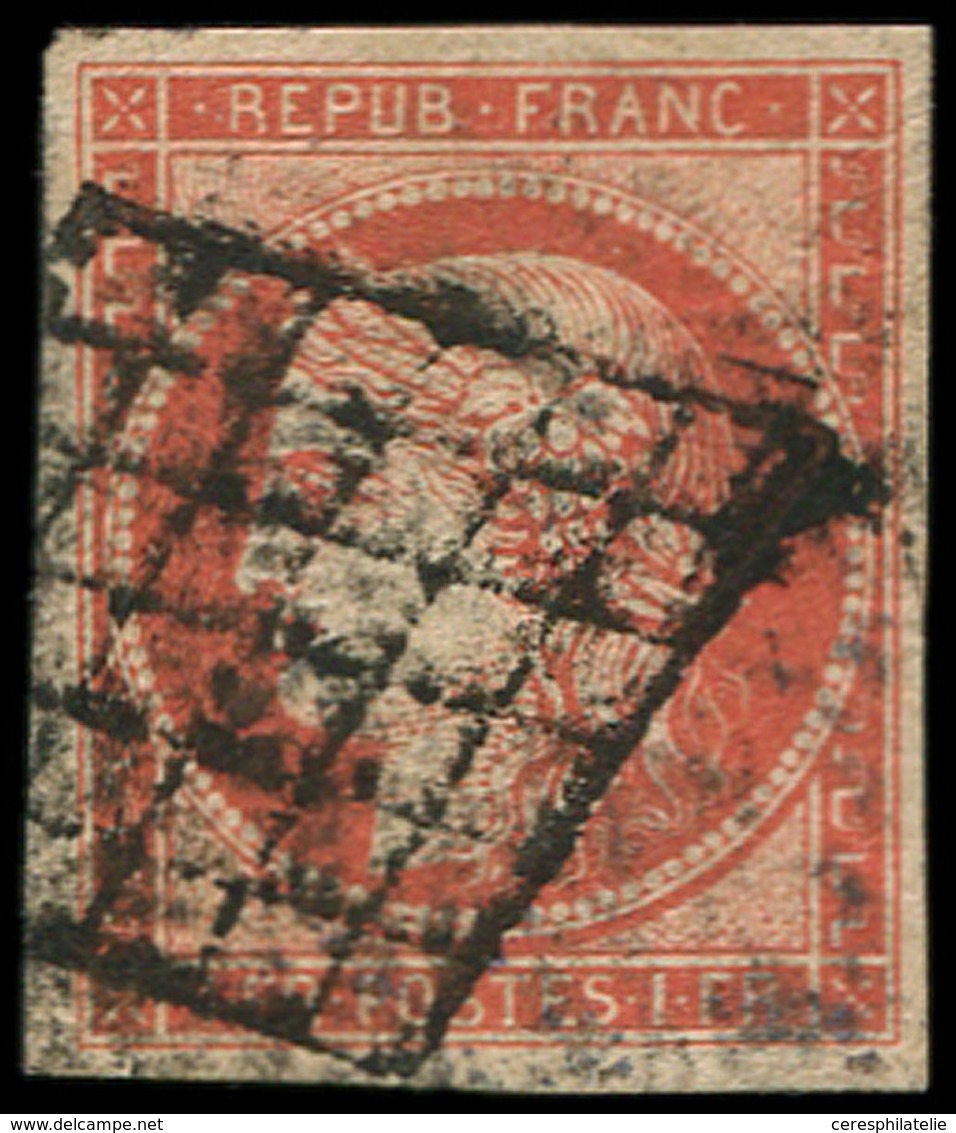 EMISSION DE 1849 - 7a    1f. Vermillon VIF, Très Jolie Nuance Obl. GRILLE, Inf. Froiss. D'angle, Jolie Pièce, TB - 1849-1850 Ceres