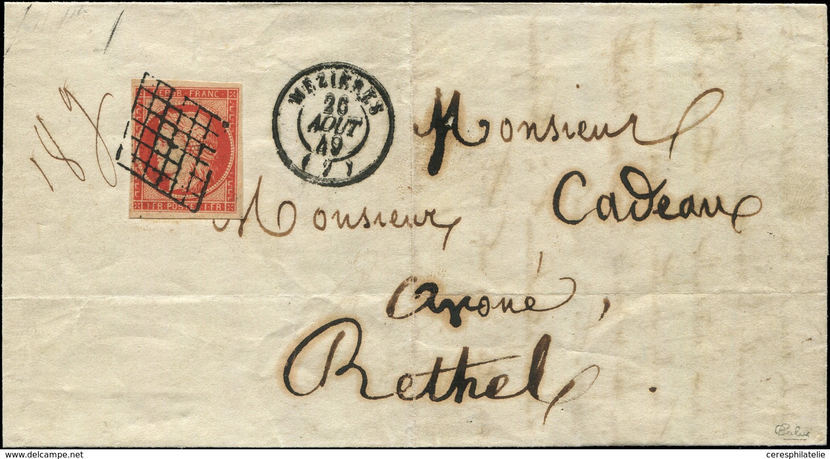 Let EMISSION DE 1849 - 7a    1f. Vermillon VIF Dit De SEDAN, Obl. GRILLE S. LAC, Càd T15 MEZIERES 26/8/49, Nuance Formid - 1849-1850 Cérès
