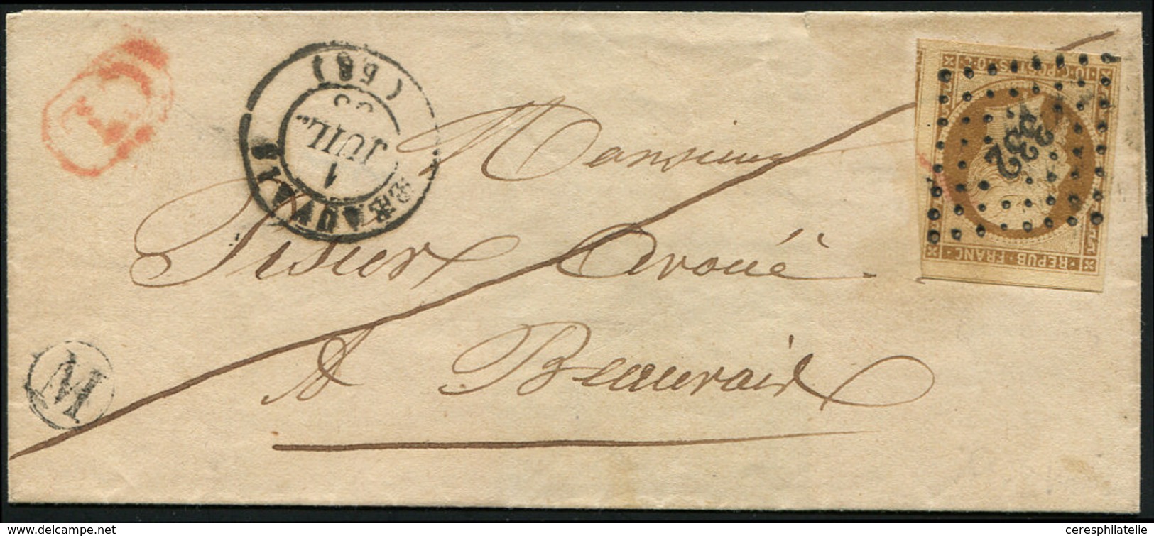 Let PRESIDENCE - 9    10c. Bistre-jaune, Grandes Marges, Obl. PC 332 S. LSC, Càd T15 BEAUVAIS 1/7/53, Boite M Et Cachet  - 1852 Louis-Napoléon