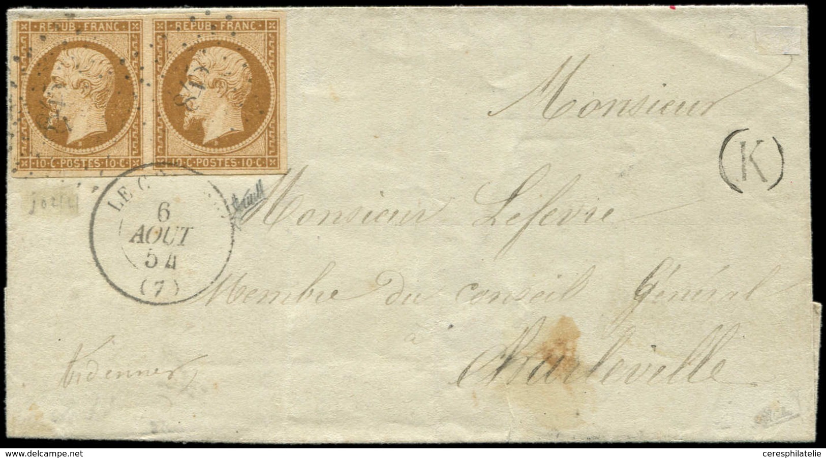 Let PRESIDENCE - 9a   10c. Bistre-brun PAIRE, Un Ex. Effl., Obl. PC 845 S. LAC, Càd T15 LE CHESNE 6/8/54 Et Boite K, TB - 1852 Louis-Napoléon