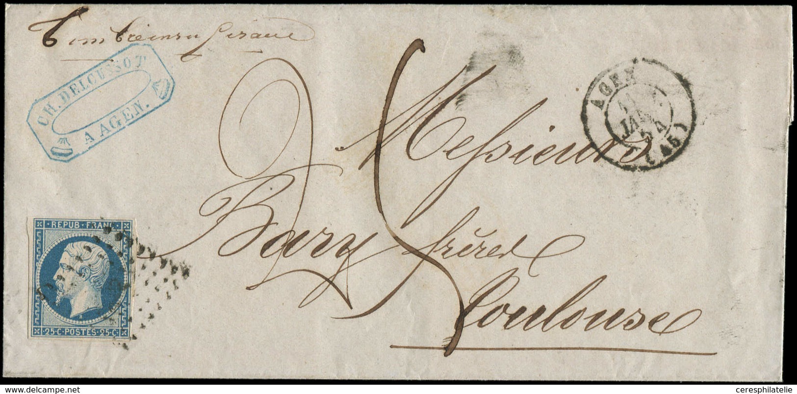 Let PRESIDENCE - 10   25c. Bleu, Obl. PC S. 9 S. LSC, Càd T15 AGEN 11/1/54, "timbre Insuffisant", Taxe 25, TB - 1852 Louis-Napoléon
