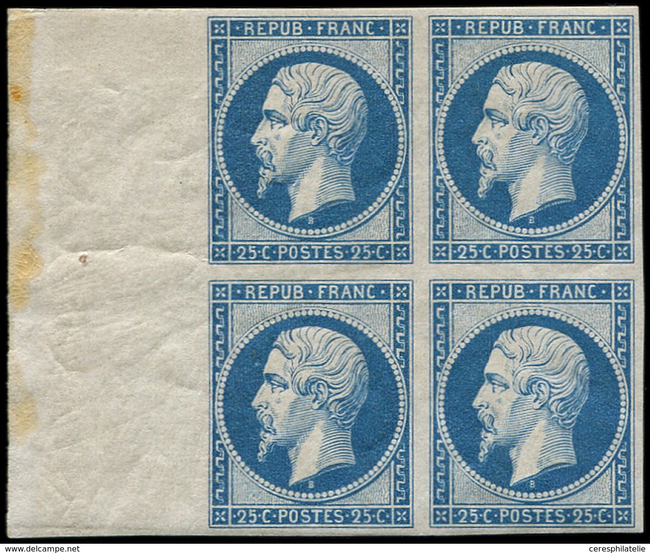 ** PRESIDENCE - R10  25c. Bleu, REIMPRESSION, BLOC De 4 Bdf, 1 Ex. *, Fraîcheur Postale, TTB - 1852 Louis-Napoléon