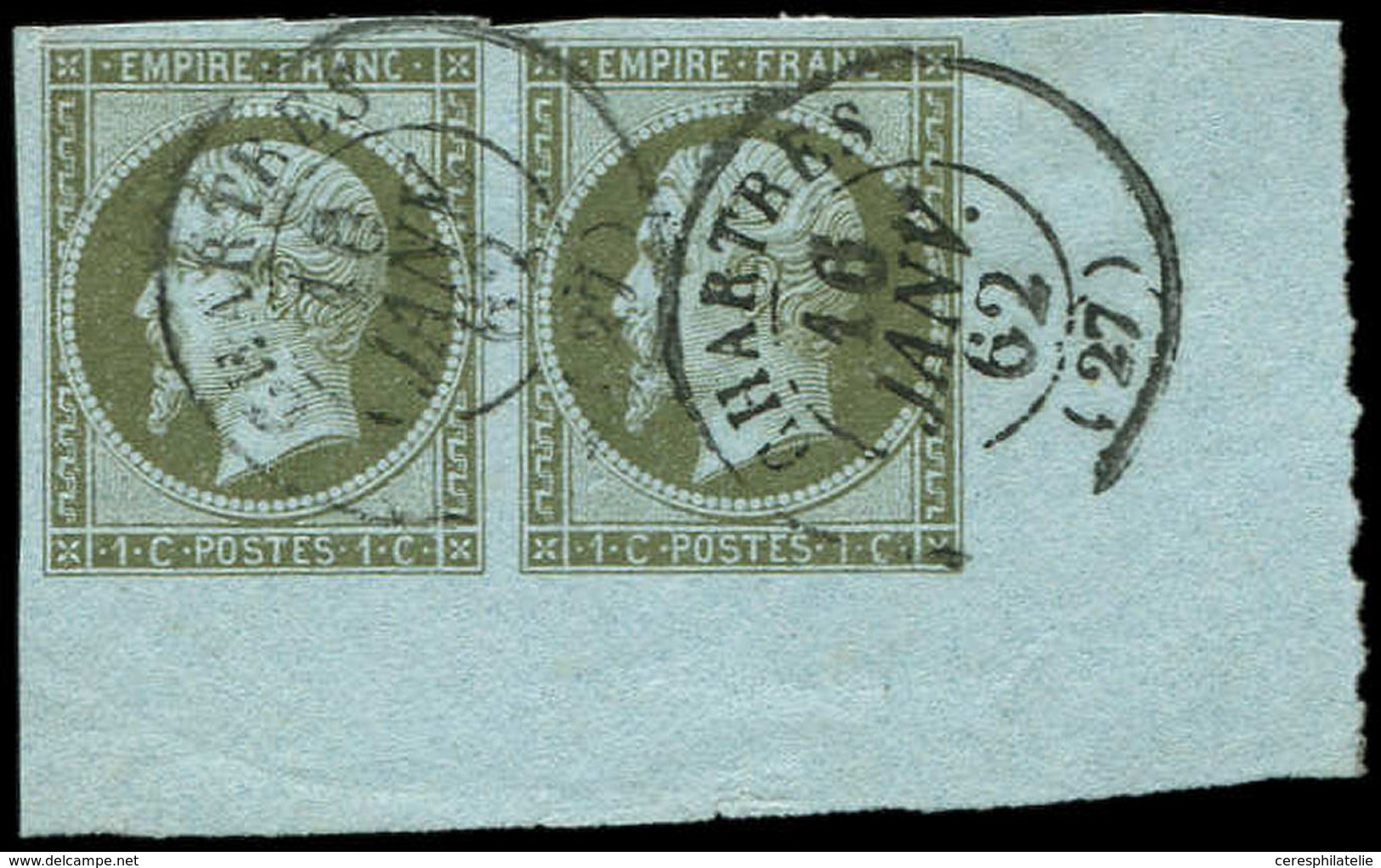 EMPIRE NON DENTELE - 11    1c. Olive, PAIRE COIN De FEUILLE, Obl. Càd T15 CHARTRES 16/1/62, Superbe - 1853-1860 Napoléon III.