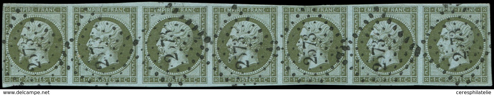 EMPIRE NON DENTELE - 11    1c. Olive, BANDE De 7 Obl. PC 2573 De PRECY-S-OISE, RR Ainsi, Superbe - 1853-1860 Napoléon III.