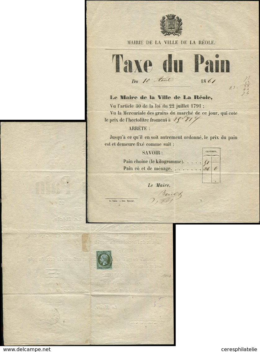 Let EMPIRE NON DENTELE - 11    1c. Olive, Obl. Càd T15 LA REOLE 10/8/61 S. Affiche Complète De La Mairie TAXE Du PAIN, D - 1853-1860 Napoléon III.