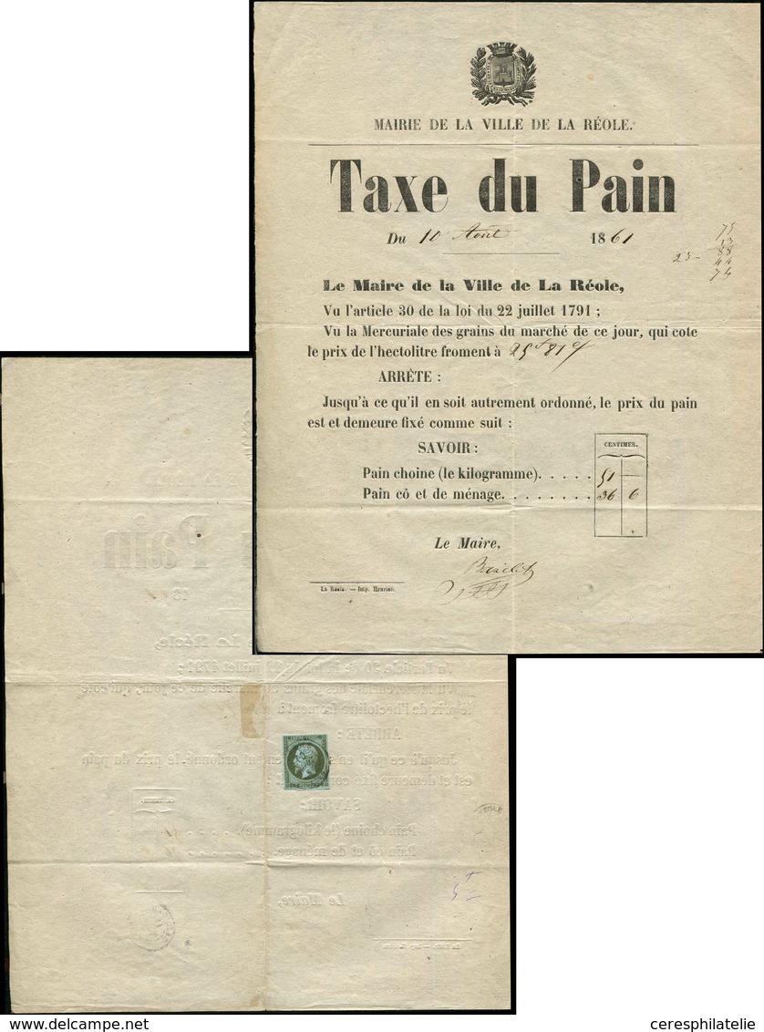 Let EMPIRE NON DENTELE - 11    1c. Olive, Obl. Càd T15 LA REOLE 10/8/61 S. Affiche Complète De La Mairie TAXE Du PAIN, D - 1853-1860 Napoléon III