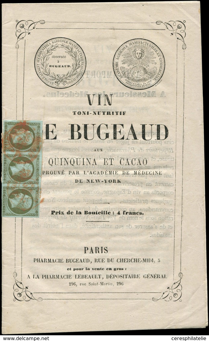 Let EMPIRE NON DENTELE - 11    1c. Olive BANDE De 3 Obl. Càd ROUGE Des IMPRIMES Sur LE BUGEAUD, TB - 1853-1860 Napoléon III.