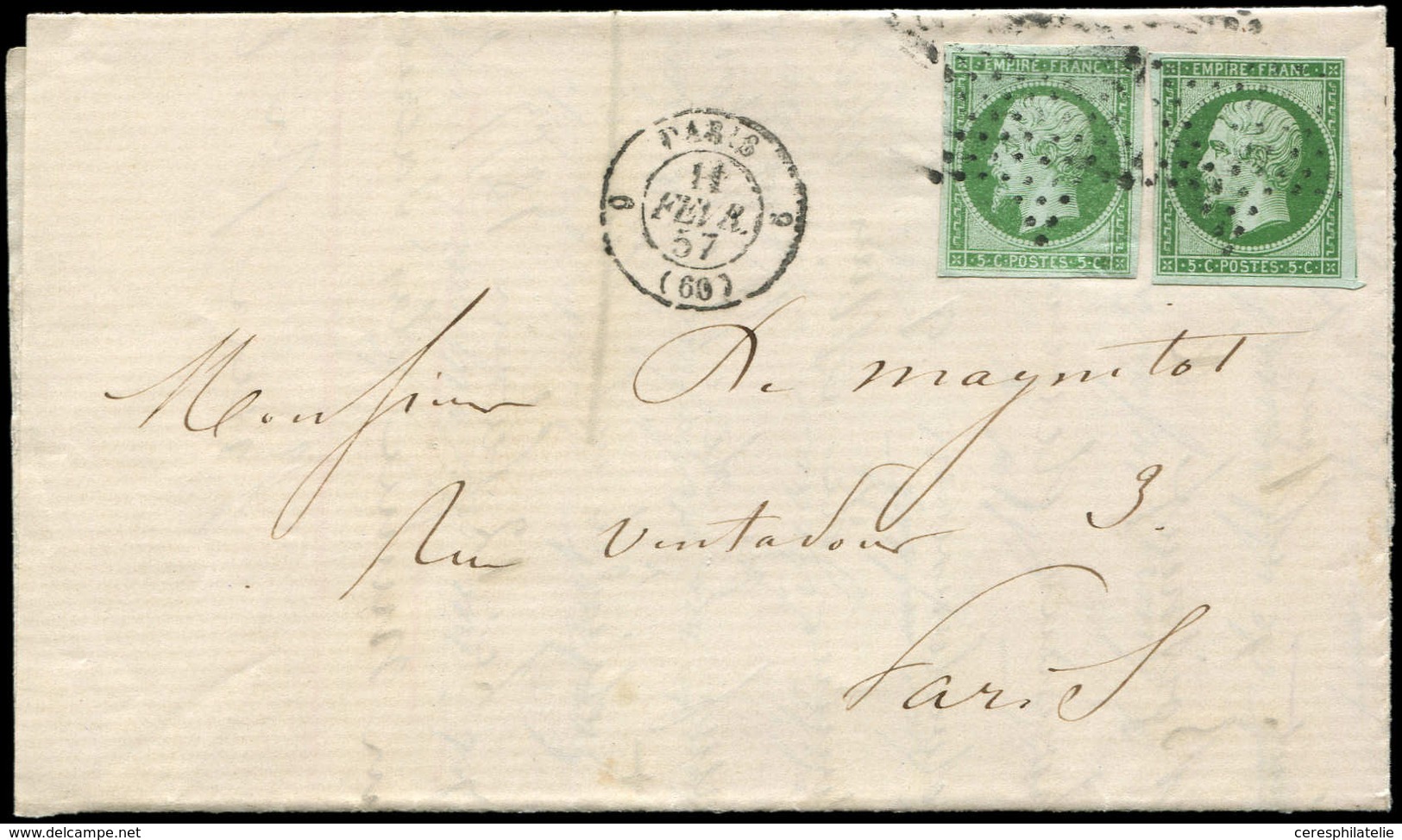 Let EMPIRE NON DENTELE - 12 Et 12c, 5c. Vert Et Vert Foncé Sur Vert, Obl. ETOILE S. LAC, Càd 6 PARIS 6 11/2/57, Port Loc - 1853-1860 Napoléon III.