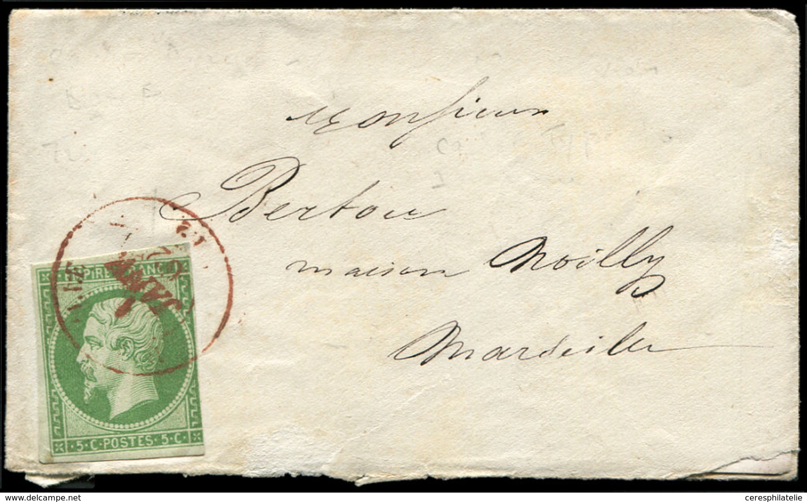 Let EMPIRE NON DENTELE - 12    5c. Vert, Touché à Droite, Obl. Càd T15 MARSEILLE 1/1/62 En ROUGE S. Pte Env. Avec Carte  - 1853-1860 Napoléon III.