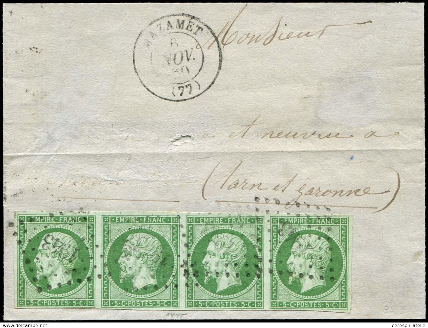 Let EMPIRE NON DENTELE - 12    5c. Vert, BANDE De 4 Obl. PC 1943 S. LSC, Càd T15 MAZAMET 6/11/60, TTB - 1853-1860 Napoléon III