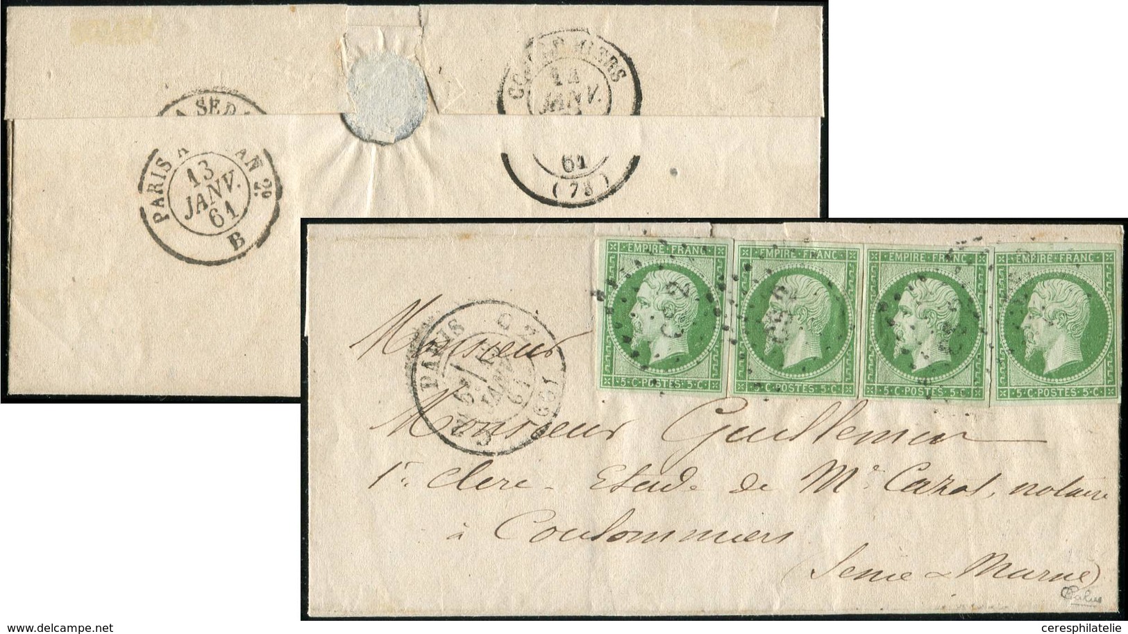 Let EMPIRE NON DENTELE - 12    5c. Vert, 4 Ex. Obl. CS2 S. LAC, Càd PARIS C2 13/1/61, Arr. COULOMMIERS 14/1, TB. C - 1853-1860 Napoléon III.