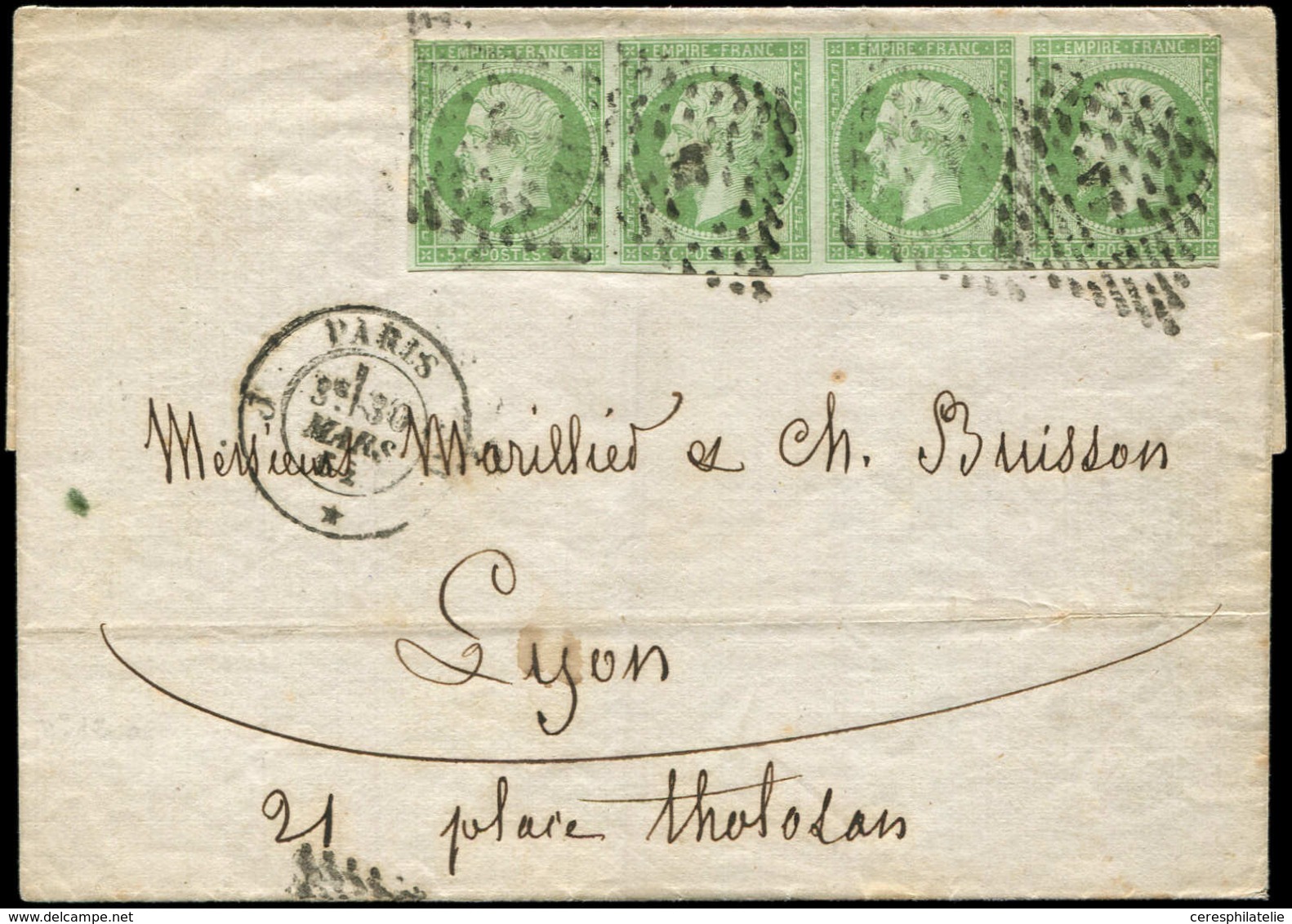 Let EMPIRE NON DENTELE - 12a   5c. Vert-jaune, BANDE De 4 Obl. Los. J Sur LSC, Càd PARIS 30/3/62, Ex. De Droite Touché,  - 1853-1860 Napoléon III