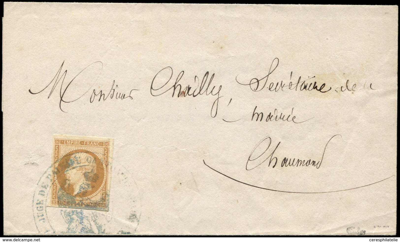 Let EMPIRE NON DENTELE - 13B  10c. Brun Clair Obl. Du Cachet Bleu Du JUGE De PAIX Du CANTON DE (CHAUMONT) S. Avertisseme - 1853-1860 Napoléon III