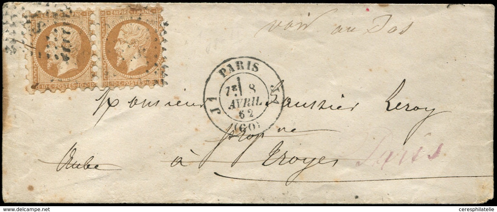 Let EMPIRE NON DENTELE - 13B  10c. Brun Clair, T II, PAIRE PIQUAGE SUSSE, Obl. S. Env., Càd J1/PARIS/J1 8/4/62, TB - 1853-1860 Napoléon III.