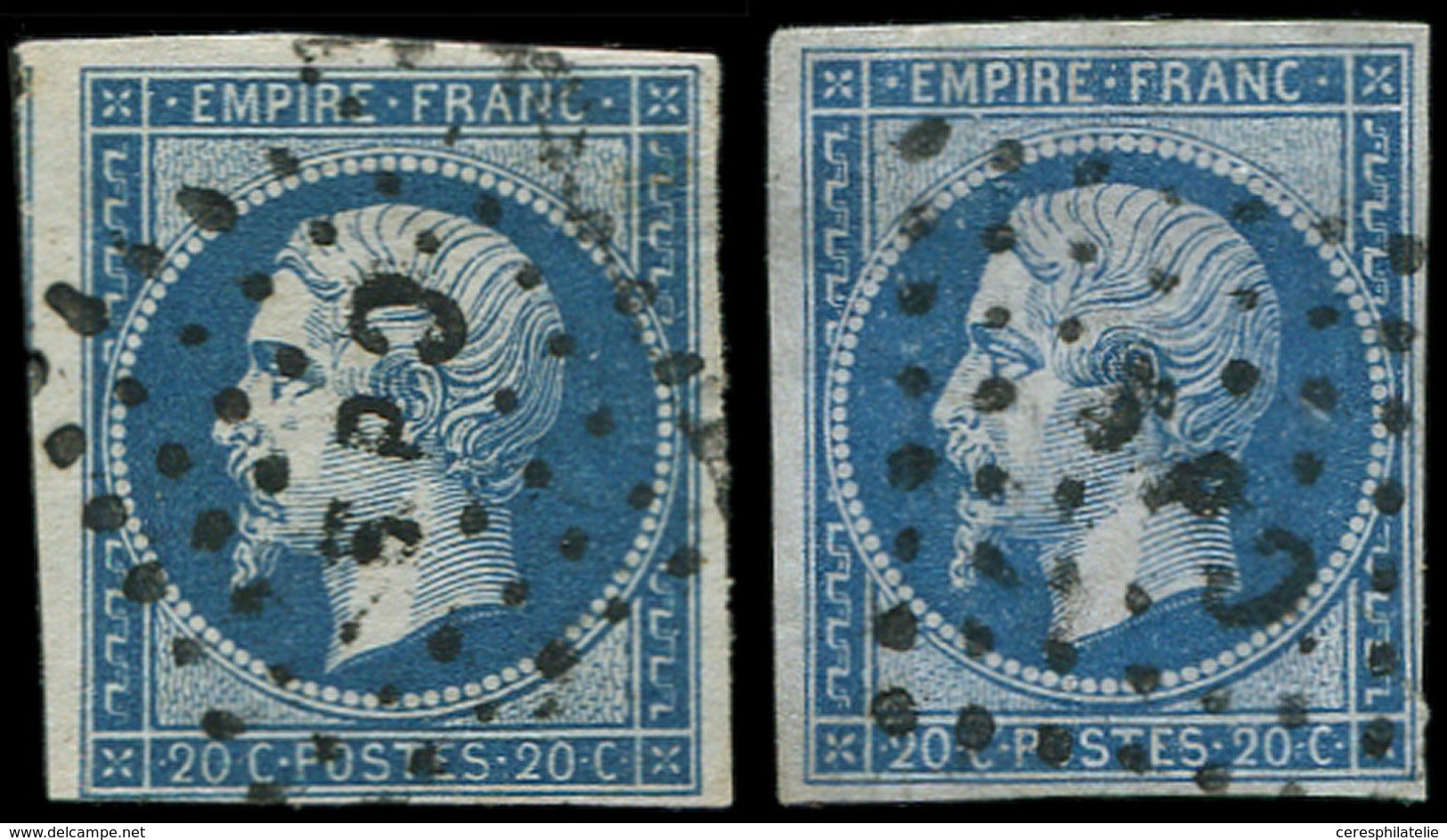 EMPIRE NON DENTELE - 14A  20c. Bleu, T I, 2 Ex. Obl. Los. CdS, Camp De Sathonay, TB - 1853-1860 Napoléon III