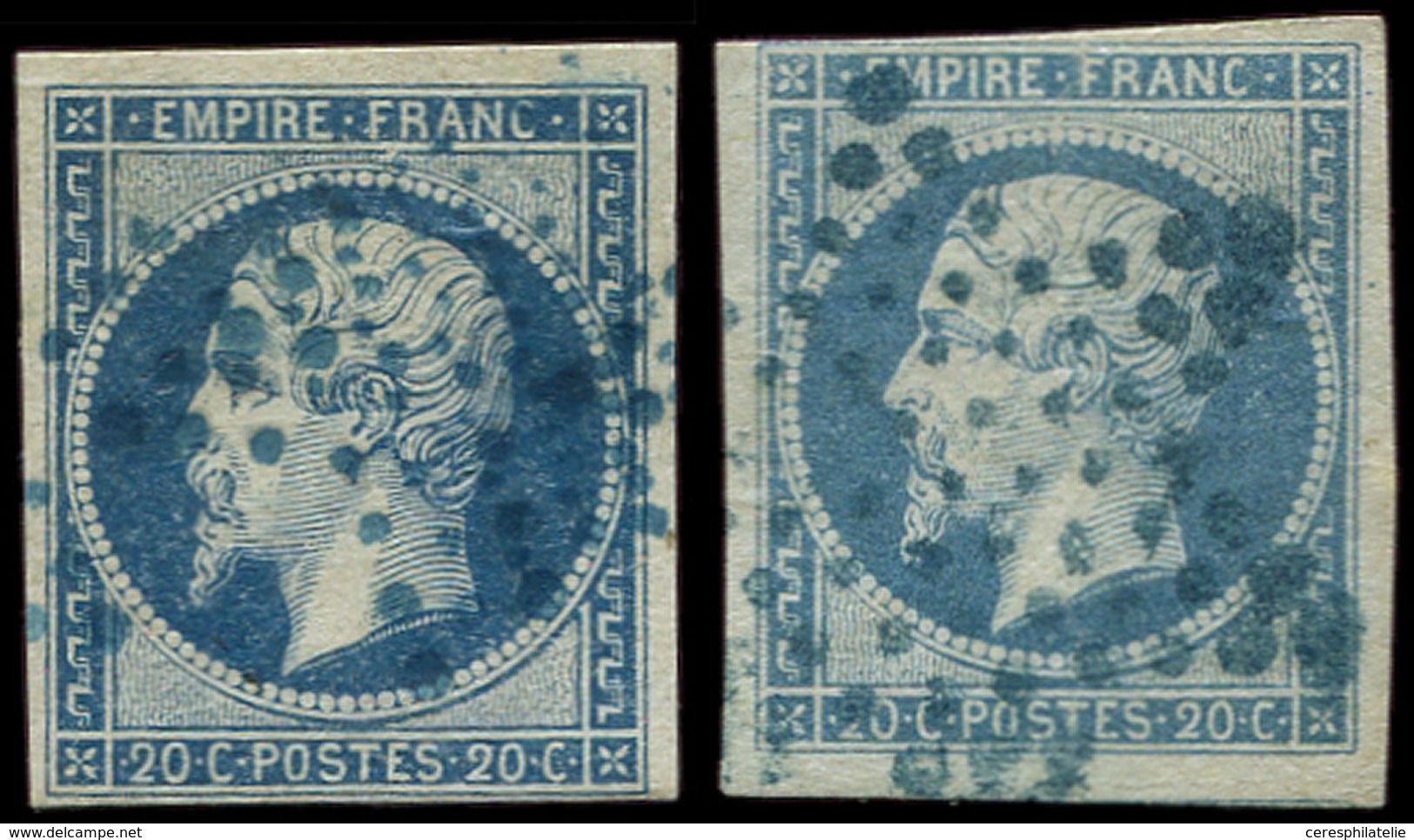 EMPIRE NON DENTELE - 14A  20c. Bleu, T I, 2 Ex. Obl. Etoile BLEUE, Un Ex. Pli, L'autre TB - 1853-1860 Napoléon III.