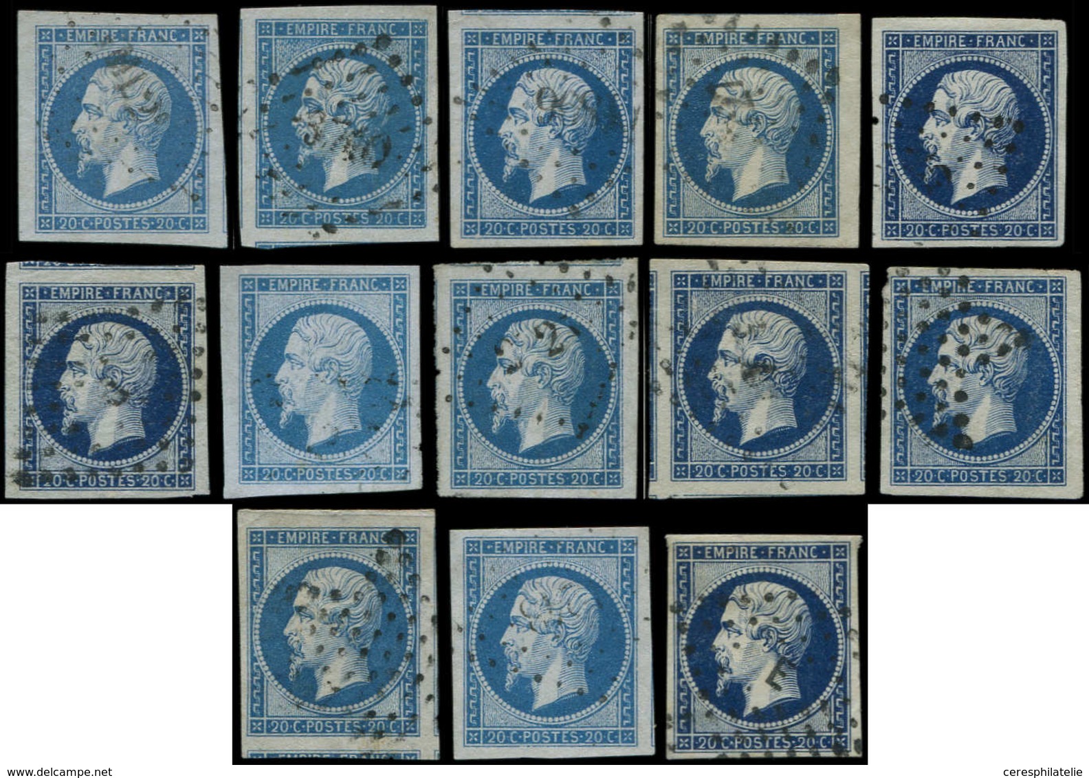EMPIRE NON DENTELE - 14A  20c. Bleu, T I, 12 Ex. Et N°14B 20c. Bleu T II, Ex. Choisis, Nuances, TTB/Superbe - 1853-1860 Napoléon III