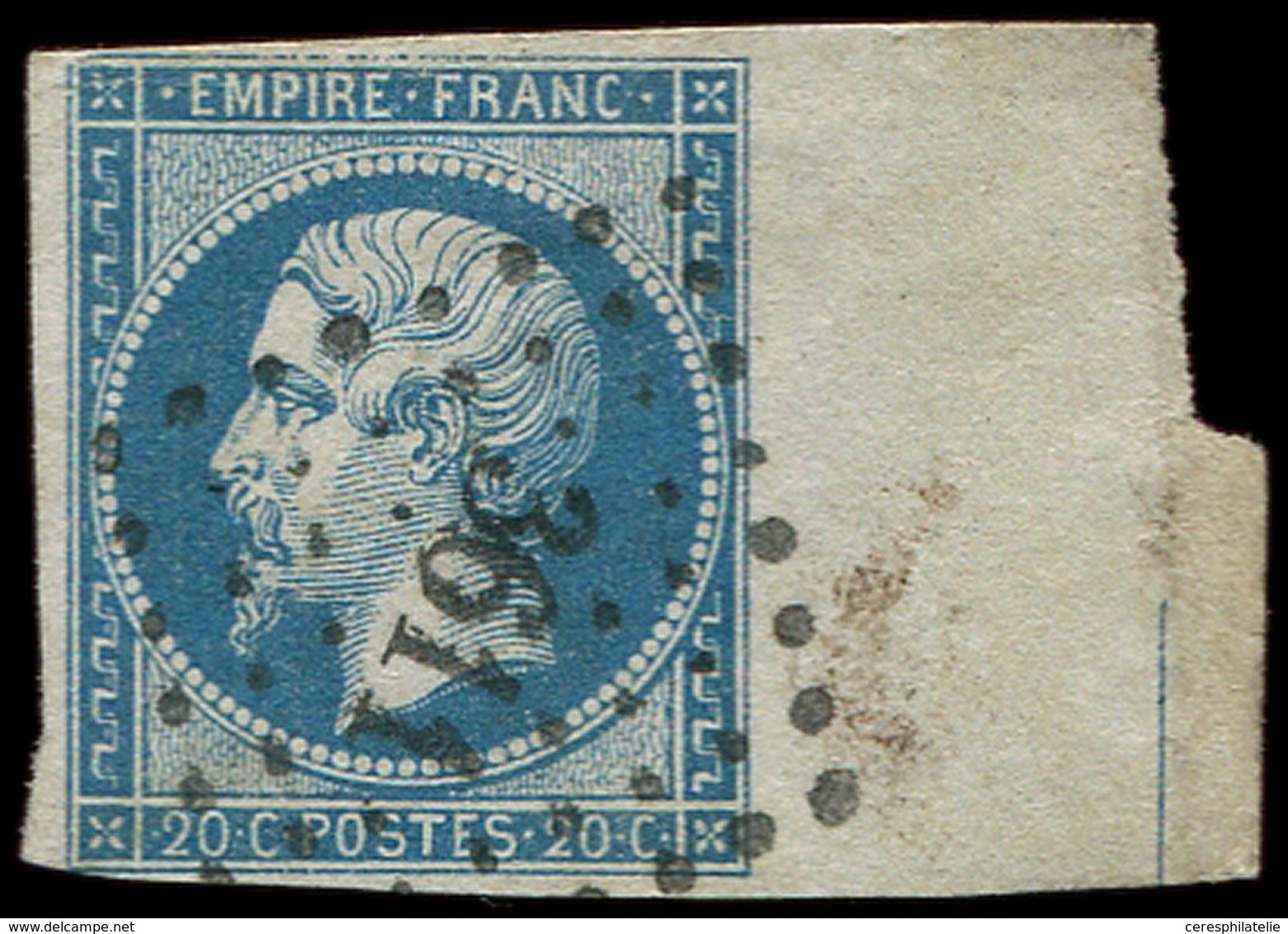EMPIRE NON DENTELE - L14Ai 20c. Bleu, T I, Bdf, FILET D'ENCADREMENT (partiel) Obl. PC 3611, B/TB - 1853-1860 Napoléon III.