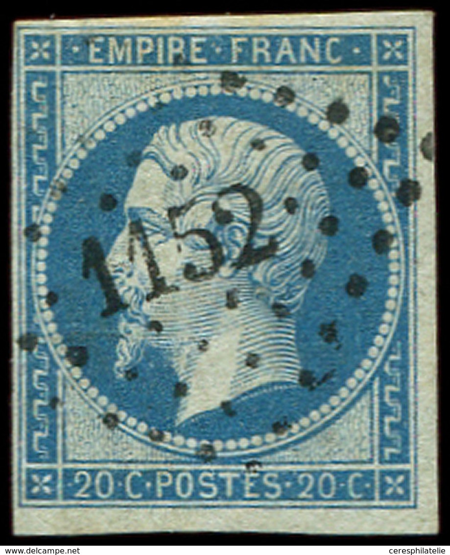 EMPIRE NON DENTELE - 14Ba 20c. Bleu Sur VERT, T II, Obl. PC 1152, Frappe Superbe - 1853-1860 Napoléon III