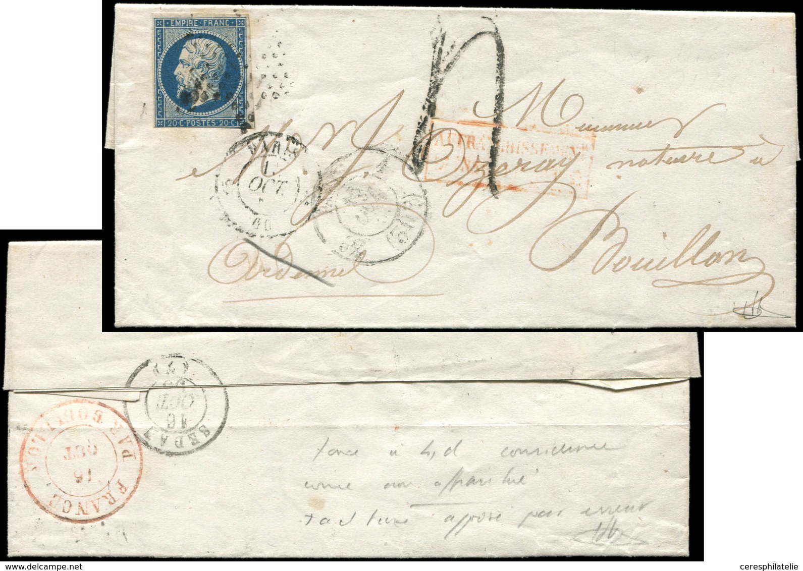 Let EMPIRE NON DENTELE - 14A  20c. Bleu T I Touché, Obl. Etoile S. LAC Du 15/10/55 Pour BOUILLON Ardennes, "affrt Insuff - 1853-1860 Napoléon III.