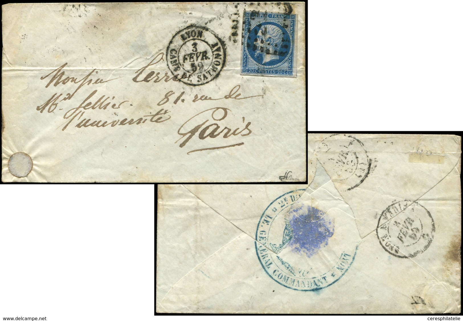 Let EMPIRE NON DENTELE - 14A  20c. Bleu, T I, Obl. CdS Sur LAC, Càd LYON/CAMP De SATHONAY 3/2/59, Cachet Militaire Au Ve - 1853-1860 Napoléon III