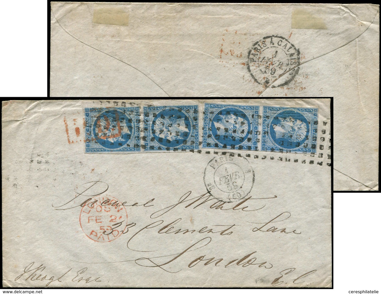 Let EMPIRE NON DENTELE - 14A  20c. Bleu, 2 PAIRES Obl. GROS POINTS CARRES S. Env., Càd PARIS 1/2/59, Arr. LONDON, TTB - 1853-1860 Napoléon III.