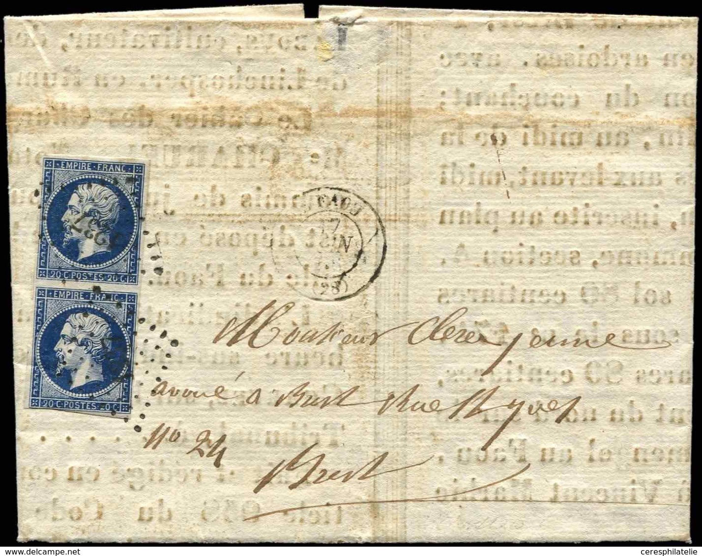 Let EMPIRE NON DENTELE - 14Ab 20c. Bleu Noir, T I, PAIRE (l'un à Peine Effl.) Obl. PC 1237 S. AFFICHE De Vente Devant NO - 1853-1860 Napoléon III
