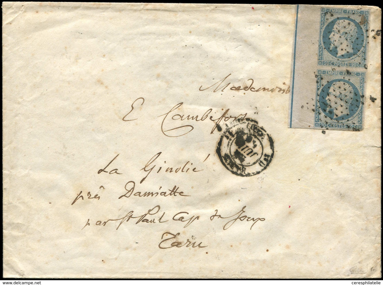 Let EMPIRE NON DENTELE - L14Ai 20c. Bleu, PAIRE Bdf Avec FILET D'ENCADREMENT, Obl. Etoile S. Env. De Paris à St Paul Cap - 1853-1860 Napoléon III.