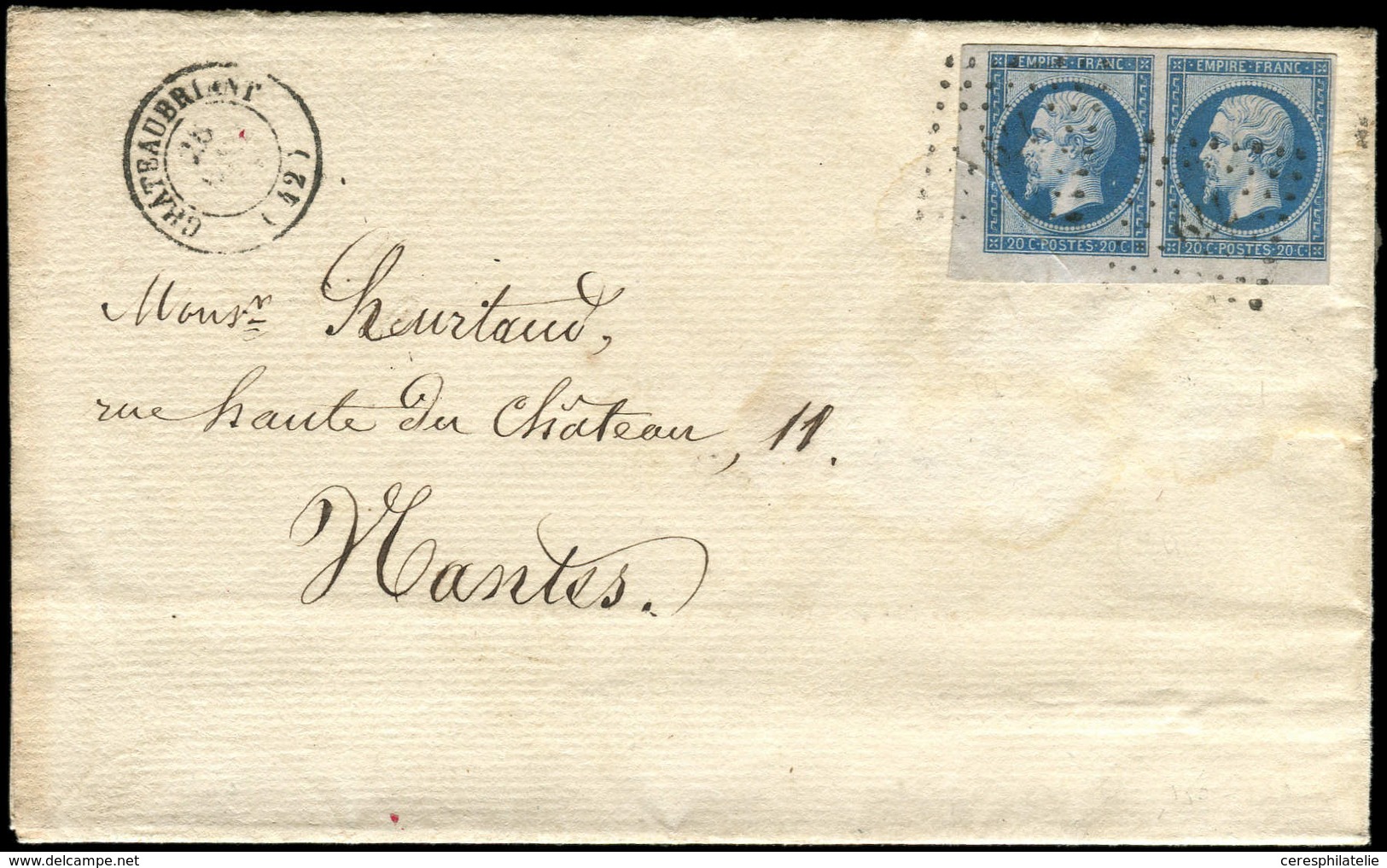Let EMPIRE NON DENTELE - 14B  20c. Bleu, T II, PAIRE COIN DE FEUILLE, Obl. PC 779 S. LAC, Càd T15 CHATEAUBRIANT 28/4/61, - 1853-1860 Napoléon III.