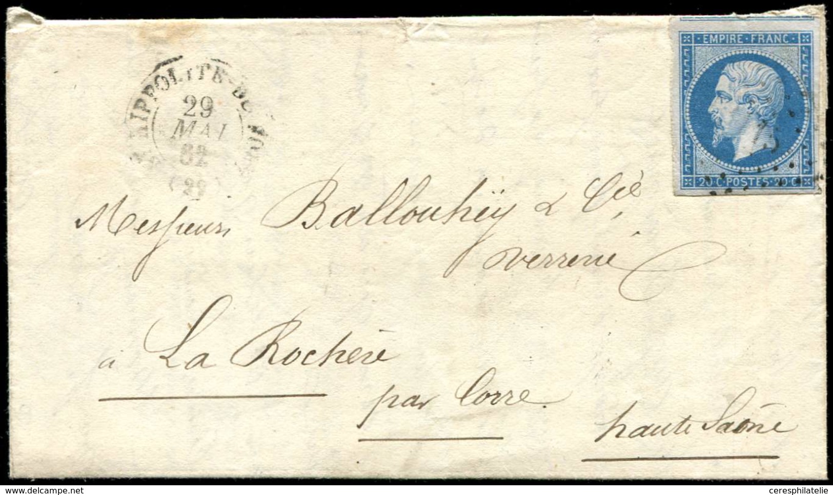 Let EMPIRE NON DENTELE - 14Bb 20c. Bleu Sur LILAS, T II, Obl. PC S. LAC, Càd T15 ST HIPPOLYTE DU FORT 29/5/62, TB, Cote  - 1853-1860 Napoleone III