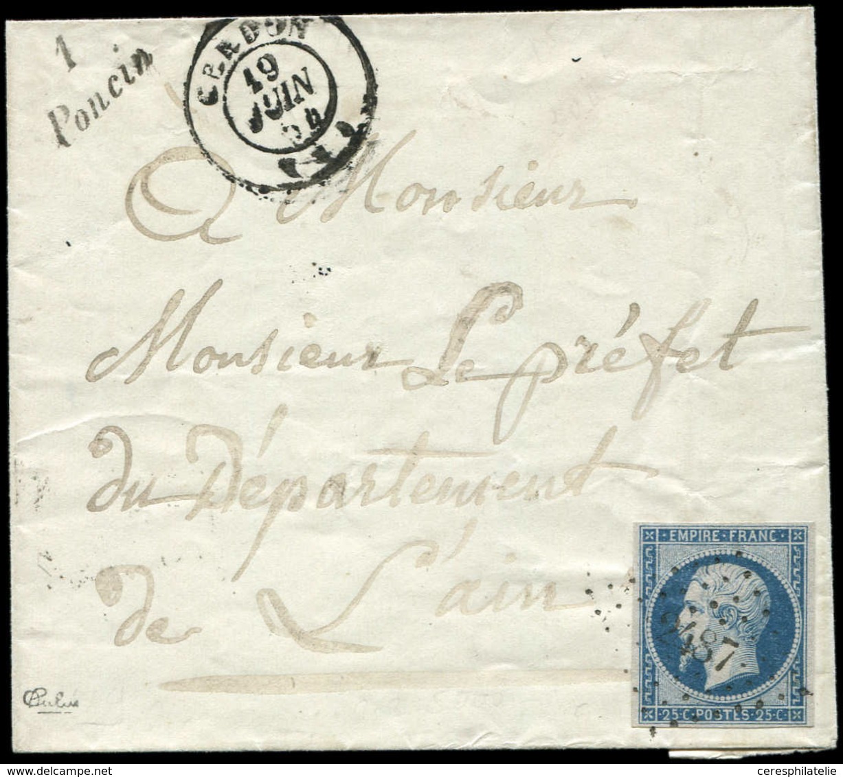 Let EMPIRE NON DENTELE - 15   25c. Bleu, Obl. PC 2487 S. LSC, Càd T15 CERDON Et Cursive 1/PONCIN, TB. C - 1853-1860 Napoléon III.