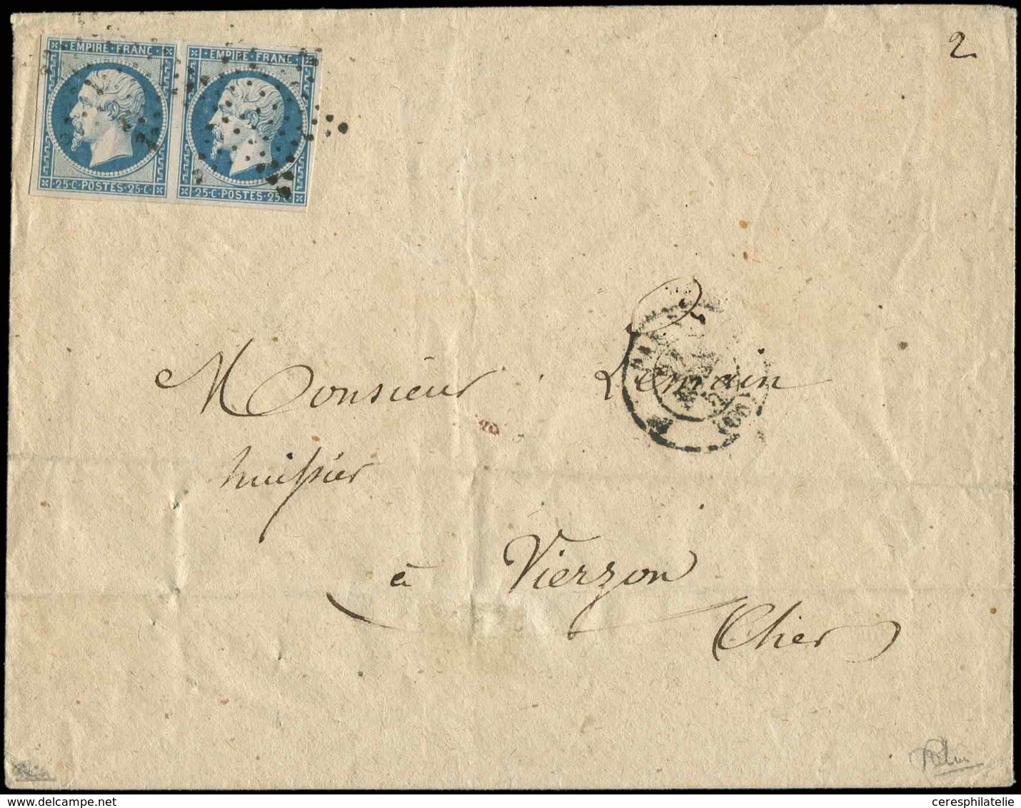Let EMPIRE NON DENTELE - 15   25c. Bleu, PAIRE Obl. Etoile S. Env., Càd PARIS 27/4/54, TB, Cote Maury - 1853-1860 Napoléon III.