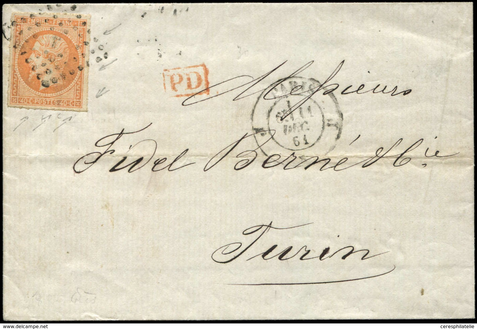 Let EMPIRE NON DENTELE - 16   40c. Orange, PERCE En LIGNES, Obl. Los. J S. LSC, Càd J PARIS J 11/12/61 Et Arr. TORINO, T - 1853-1860 Napoléon III