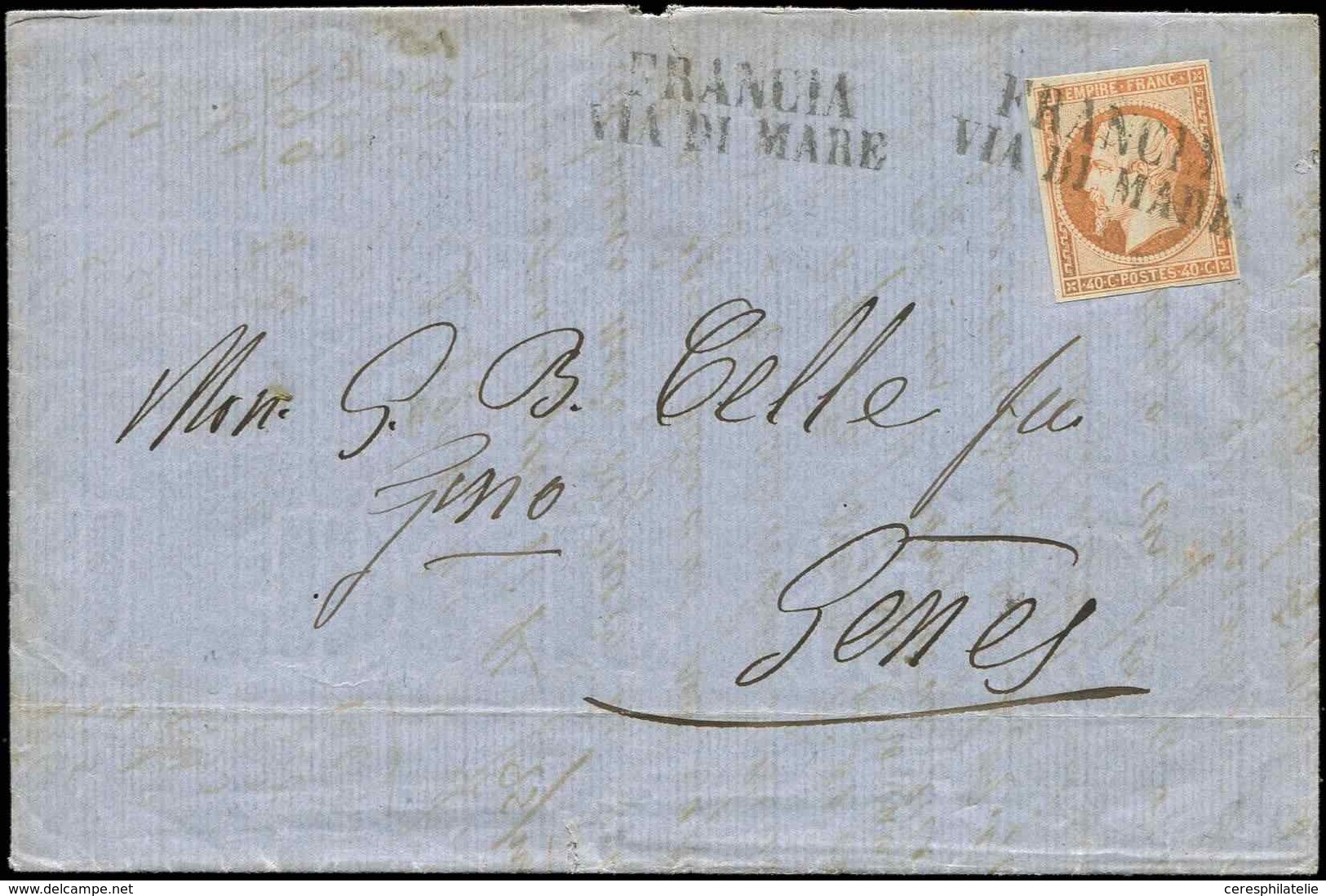 Let EMPIRE NON DENTELE - 16   40c. Orange, Obl. Griffe FRANCIA/VIA DI MARE S. LAC De Marseille 2/8/62 à GENOVA 4/8, TTB - 1853-1860 Napoléon III.