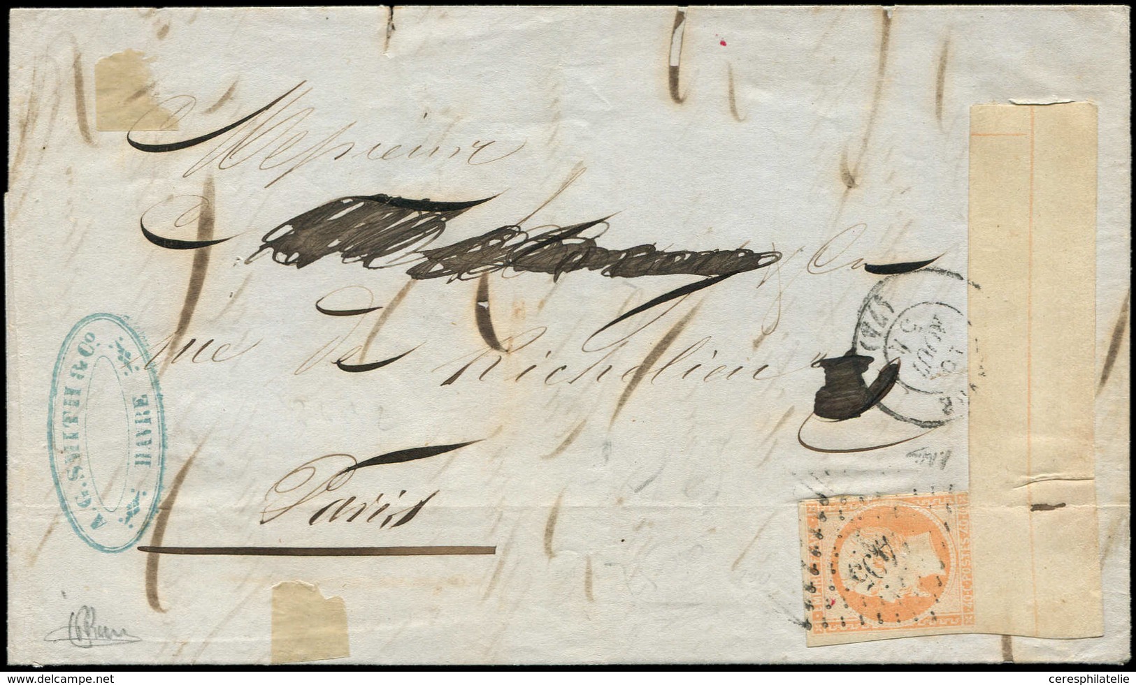 Let EMPIRE NON DENTELE - L16c 40c. Orange, GRAND Bdf Avec FILET D'ENCADREMENT, Obl. PC 1495 S. LAC, Càd T15 LE HAVRE 16/ - 1853-1860 Napoléon III.