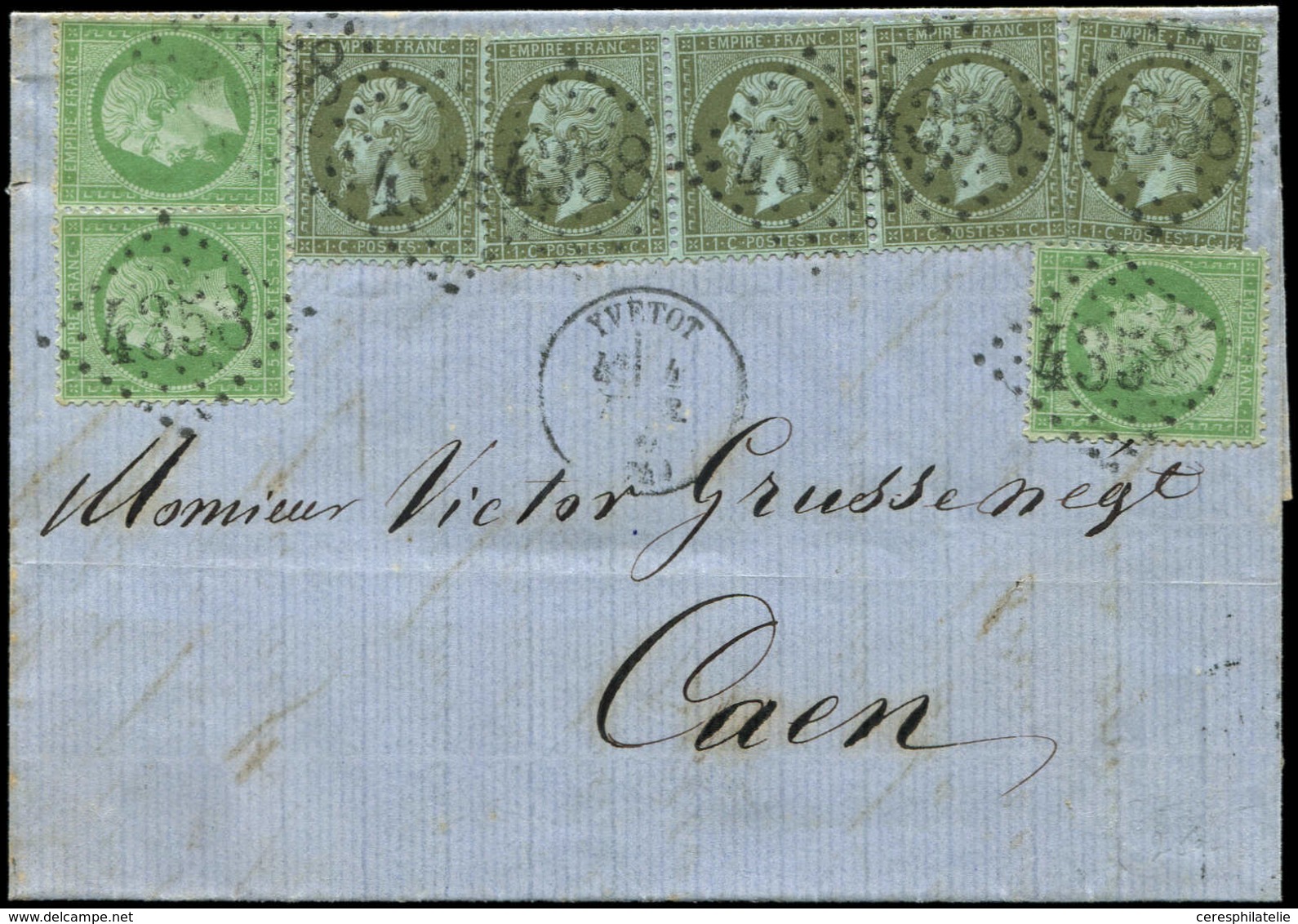 Let EMPIRE DENTELE - 19 Et 20, 1c. Olive PAIRE Et 3 Ex. + 5c. Vert (3), Obl. GC 4358 S. LAC, Càd T16 YVETOT 4/2/70, Joli - 1862 Napoléon III.