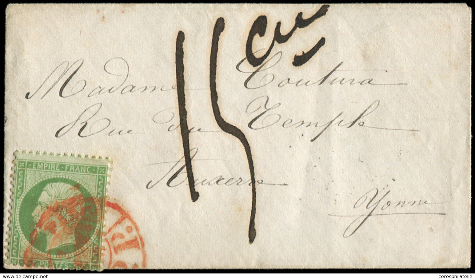 Let EMPIRE DENTELE - 20    5c. Vert, Obl. Càd Rouge Des Imprimés PP S. Petite Env. Avec Taxe 15c., TB - 1862 Napoléon III.