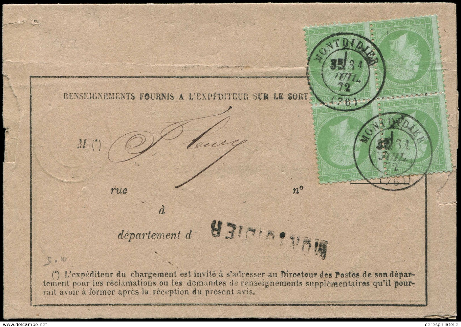 Let EMPIRE DENTELE - 20    5c. Vert, BLOC De 4 Pli D'archive S. Paire Inf., Obl. Càd T17 MONTDIDIER 31/7/72 S. Sort De C - 1862 Napoléon III.