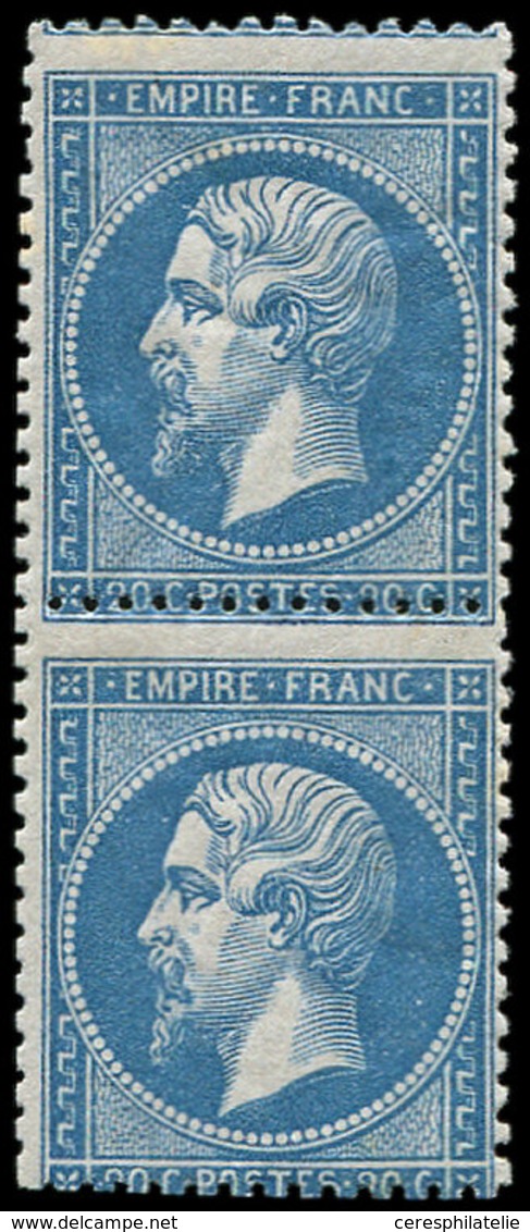 ** EMPIRE DENTELE - 22   20c. Bleu, Piquage Décalé, PAIRE Verticale, Un Ex. Dent écourtée, Sinon TB - 1862 Napoléon III.