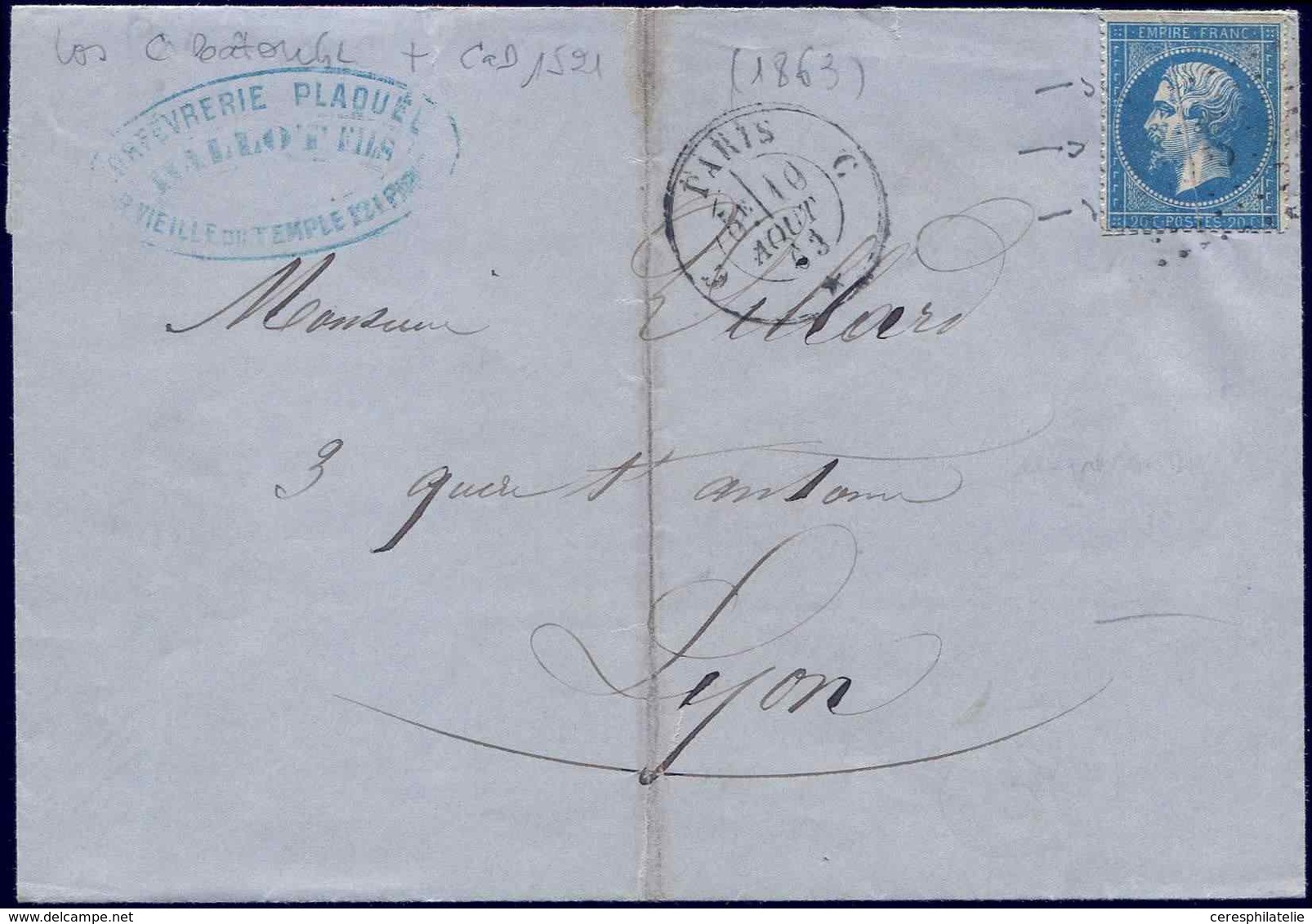 Let EMPIRE DENTELE - 22   20c. Bleu, PLI ACCORDEON, Obl. Los. S. LAC Paris 10/8/63, R Et TB - 1862 Napoléon III.