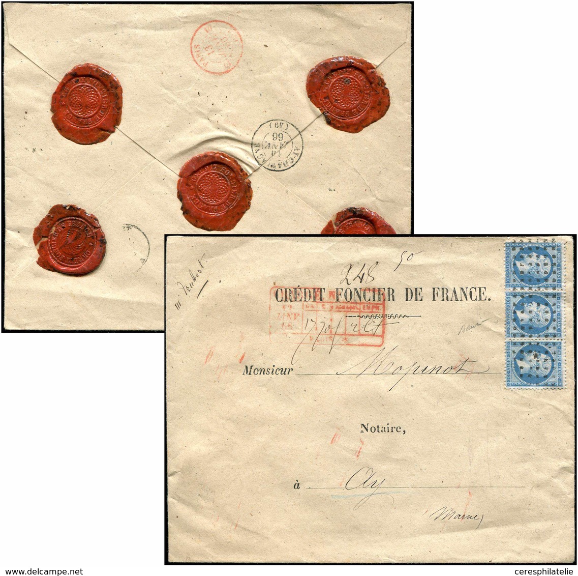 Let EMPIRE DENTELE - 22   20c. Bleu, BANDE De 3 Obl. GROS POINTS S. Env. CHARGE Du 12/1/66, TTB - 1862 Napoléon III.