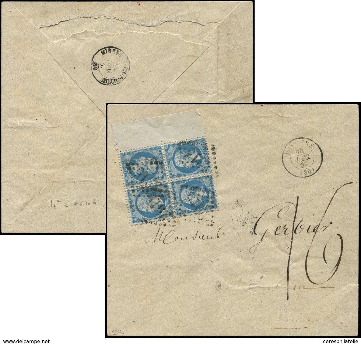 Let EMPIRE DENTELE - T22b 20c. Bleu, TETE-BECHE Dans Un BLOC De 4 Bdf Obl. GC 2915 S. Env., Càd T15 POITIERS 29/12/67, 4 - 1862 Napoléon III.