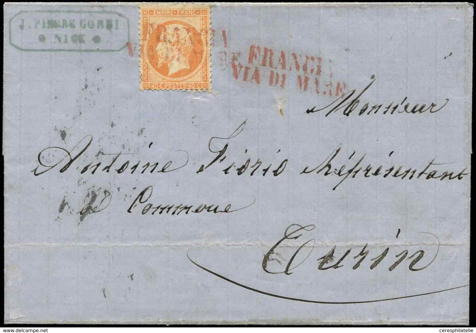 Let EMPIRE DENTELE - 23   40c. Orange, Obl. Griffe FRANCIA/VIA DI MARE En ROUGE Et Répétée à Côté S. LSC De Nice 21/4/65 - 1862 Napoléon III.