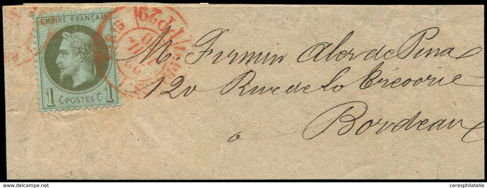 Let EMPIRE LAURE - 25    1c. Bronze, Obl. Càd ROUGE PARIS IMPRIMES PP29 22/7/70 S. Bande D'Imprimé De Moins De 5g., TB - 1863-1870 Napoléon III. Laure