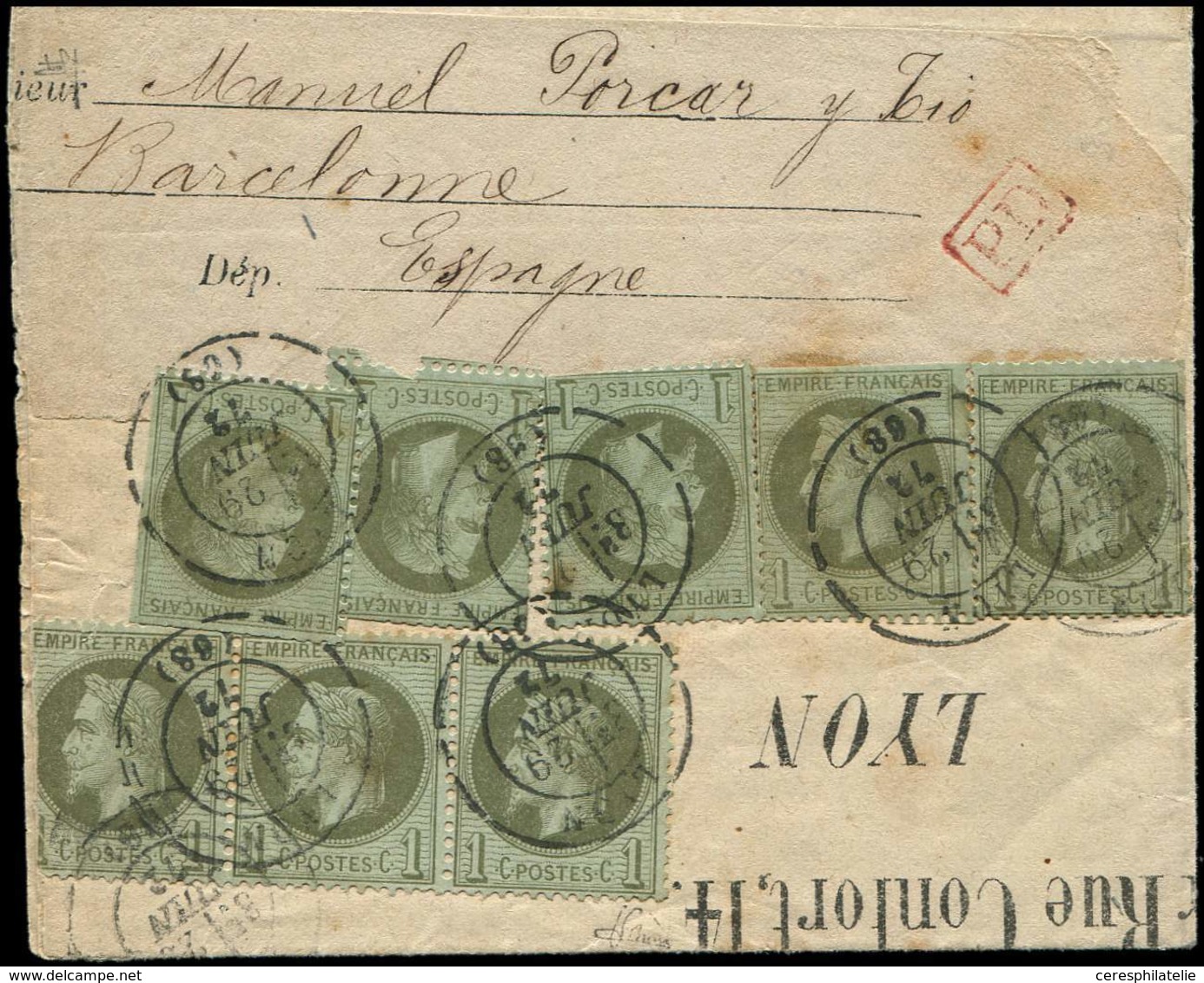 Let EMPIRE LAURE - 25    1c. Olive BANDE De 3 + 5 Ex., Obl. LYON 29/6/72 S. Bande Avec Imprimé, 6 Timbres Défx, Spectacu - 1863-1870 Napoléon III. Laure