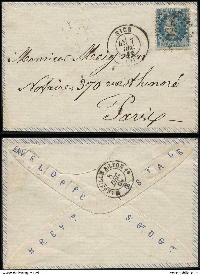 Let EMPIRE LAURE - 29B  20c. Bleu, T II, Obl. GC 2656 S. Env. BREVtée Ss Gie D.Gent., Càd T17 NICE 7/12/69, TB - 1863-1870 Napoléon III. Laure