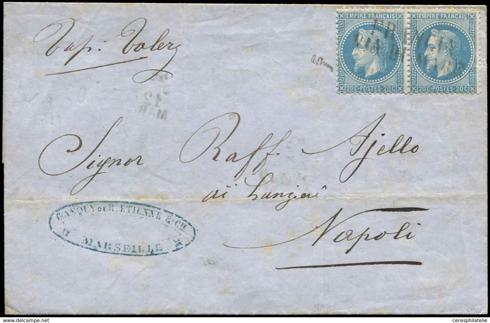 Let EMPIRE LAURE - 29B  20c. Bleu, T II, PAIRE Obl. Griffe FRANCIA/VIA DI MARE En Noir S. LAC Du 8/3/70, Arr. GENOVA 10/ - 1863-1870 Napoléon III. Laure