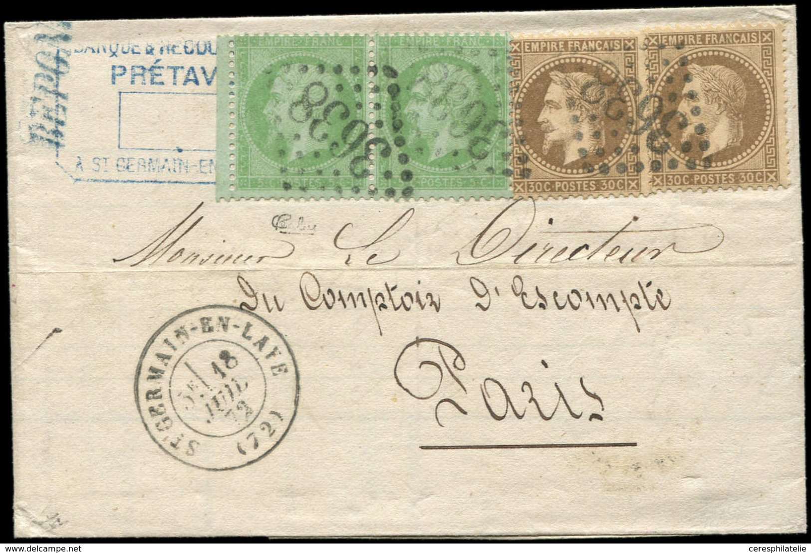 Let EMPIRE LAURE - 30 Et 35, 30c. Brun (2) Et 5c. Vert Pâle S. Bleu PAIRE, Obl. GC 3638 S. LAC, Càd T17 St GERMAIN-EN-LA - 1863-1870 Napoléon III. Laure